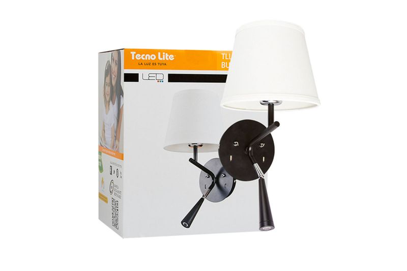 Luminaria de pared Bunda 1L E27 con LED dirigible, apagador y 2 USB Tecnolite, junto a su caja blanca y naranja