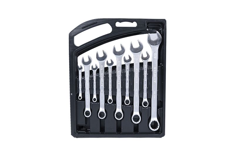 Juego de llave combinada Stanley de 1/4" a 7/8", 8 mm a 18 mm de 20 piezas, organizadas en su estuche plástico negro