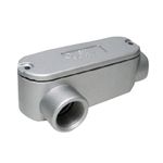 Codo condulet LB con tapa y empaque Rawelt de 1 pulgada, vista en perspectiva del cuerpo metálico y su entrada roscada