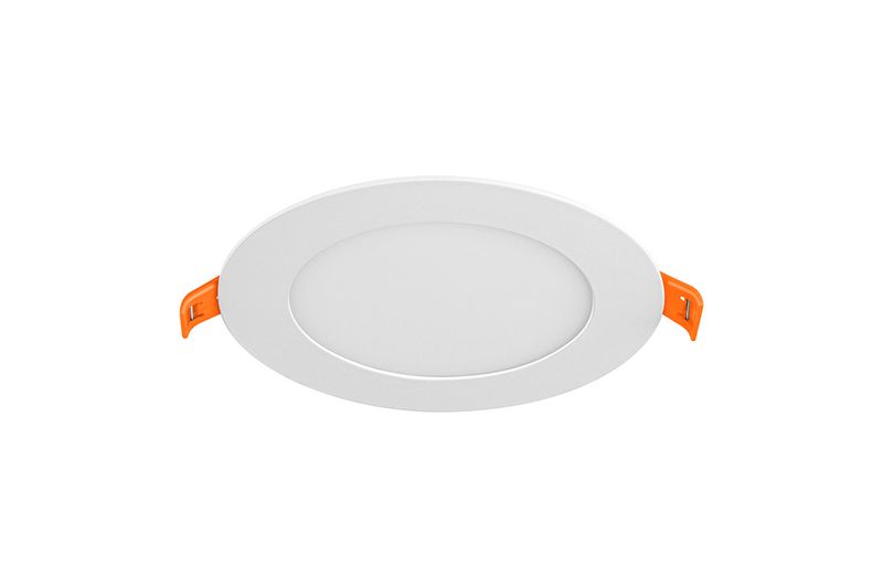 Luminaria empotrable LED slim 6 W 350 lm 3000 K redonda blanco Volteck, vista frontal con clips de sujeción naranjas