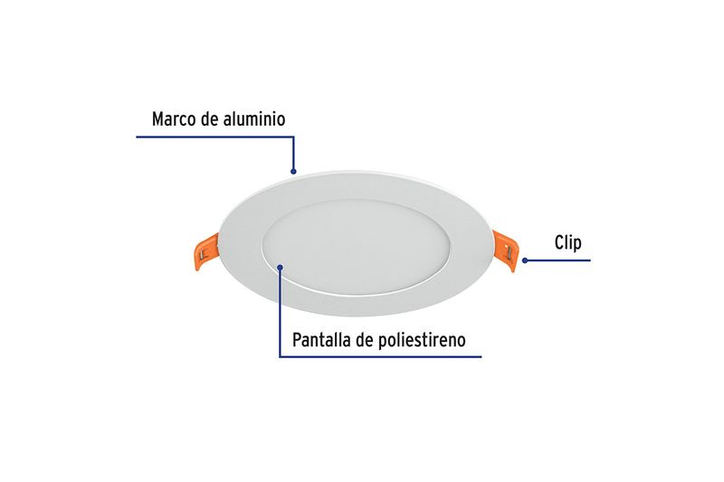 Luminaria empotrable LED slim 6 W 350 lm 3000 K redonda blanco Volteck, esquema técnico con partes y clips naranjas