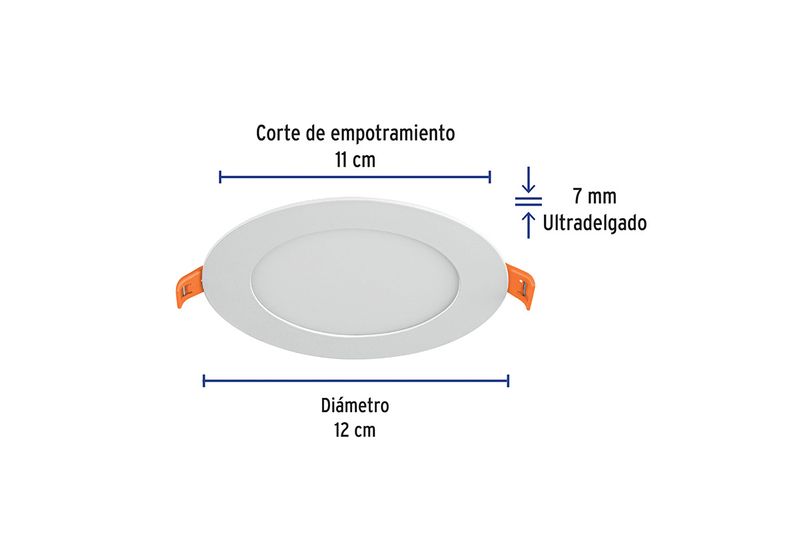 Luminaria empotrable LED slim 6 W 350 lm 3000 K redonda blanco Volteck, gráfico con medidas de diámetro y empotramiento