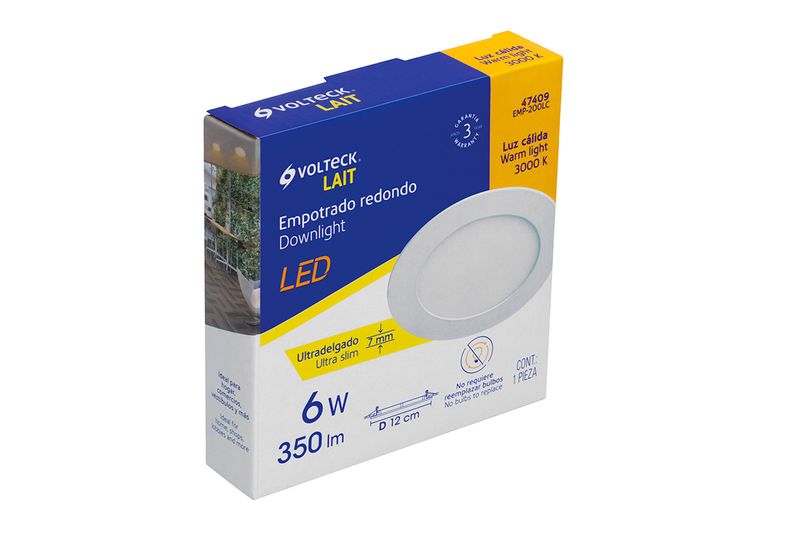 Luminaria empotrable LED slim 6 W 350 lm 3000 K redonda blanco Volteck, en su empaque de cartón con detalles técnicos