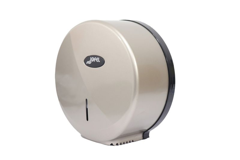 Dispensador papel higiénico Futura Mini Silver 9 pulgadas Jofel, vista frontal en ángulo con logo y acabado plateado