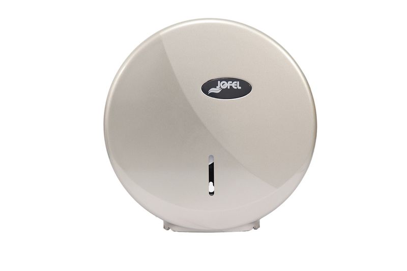 Dispensador papel higiénico Futura Mini Silver 9 pulgadas Jofel, vista frontal del equipo en color plateado