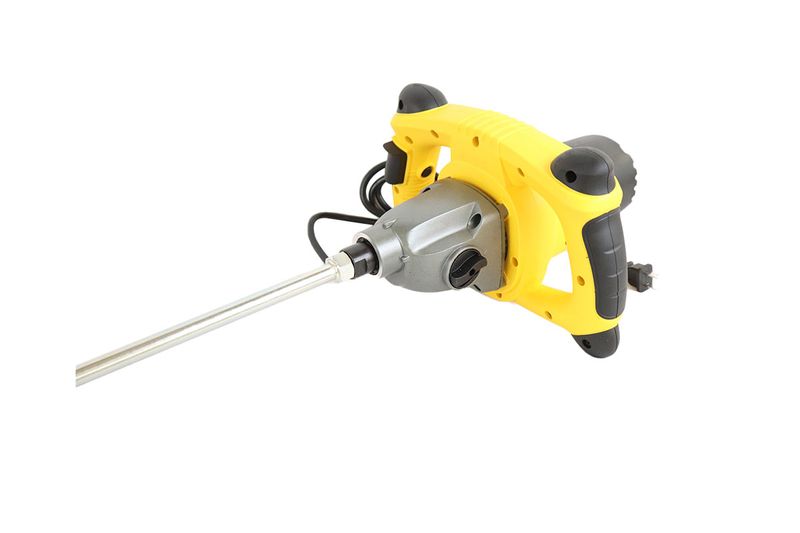 Mezclador para pasta 1400 W 2 velocidades Stanley, vista lateral del cuerpo amarillo y el eje metálico extendido