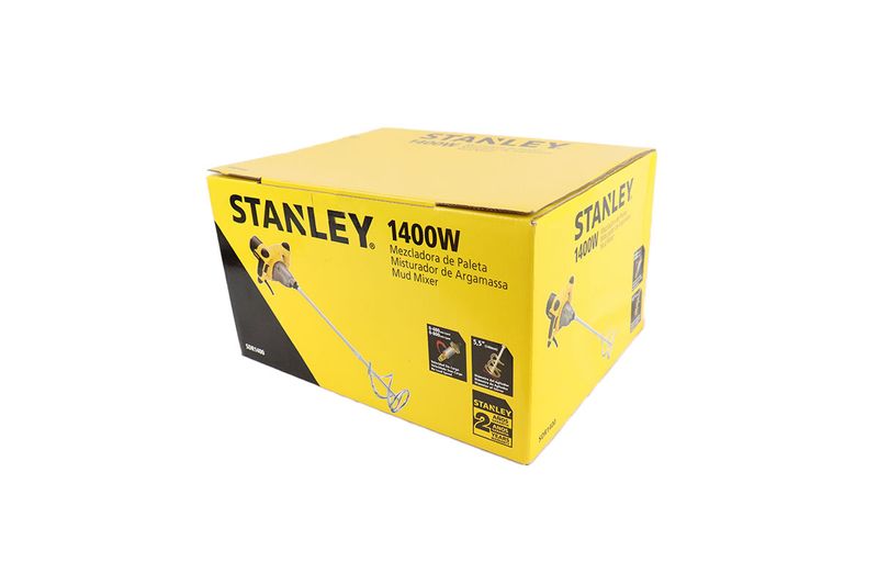 Mezclador para pasta 1400 W 2 velocidades Stanley, vista frontal de la caja amarilla con ilustración del producto