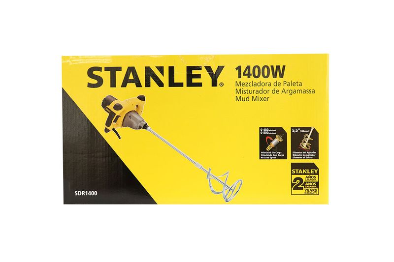 Mezclador para pasta 1400 W 2 velocidades Stanley, caja amarilla con ilustración del equipo y especificaciones técnicas