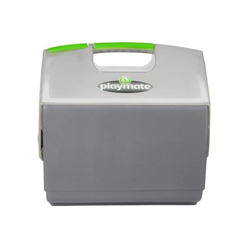 Hielera portátil 16 qt Playmate gris Igloo, vista frontal cerrada con asa superior color verde