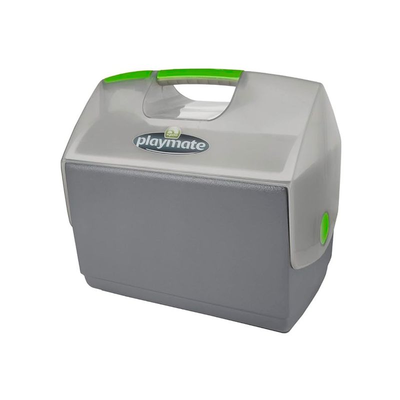 Hielera portátil 16 qt Playmate gris Igloo, vista frontal en color gris con detalles en verde y asa integrada
