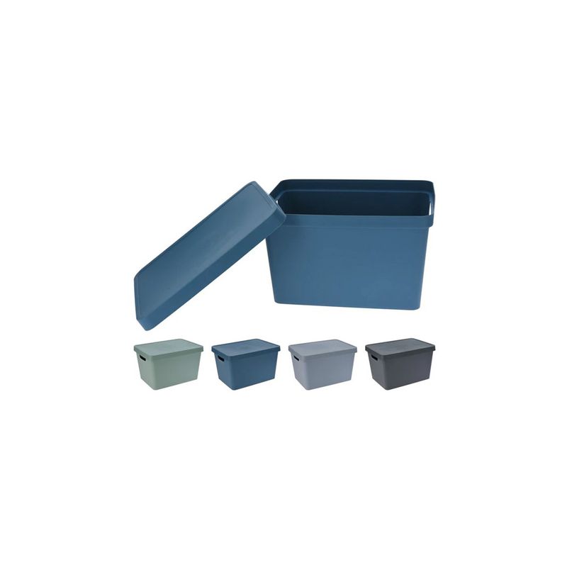 Caja para organización plástica Koopman, modelo en color azul con tapa abierta y opciones de colores debajo