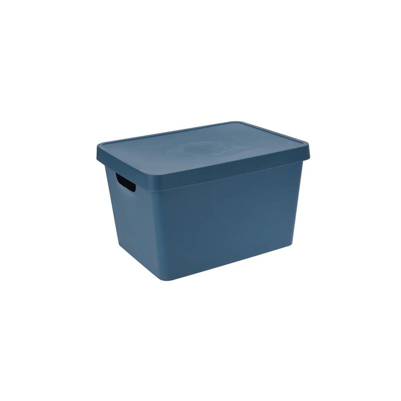 Caja para organización plástica Koopman, recipiente azul con tapa integrada y asas laterales