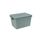 Caja para organización plástica Koopman Surt, vista en perspectiva del contenedor con tapa en color verde grisáceo
