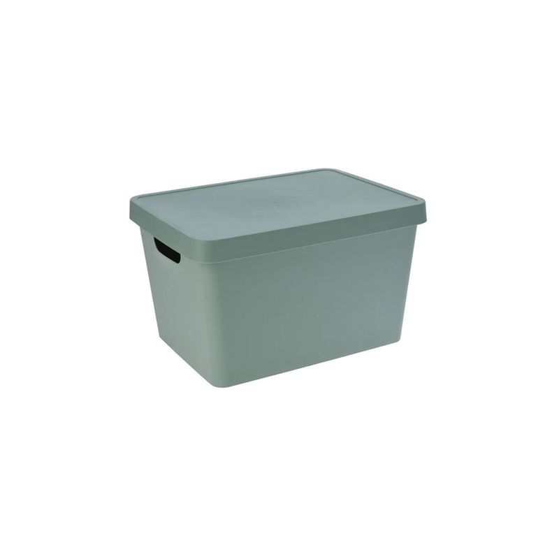 Caja para organización plástica Koopman Surt, vista en perspectiva del contenedor con tapa en color verde grisáceo