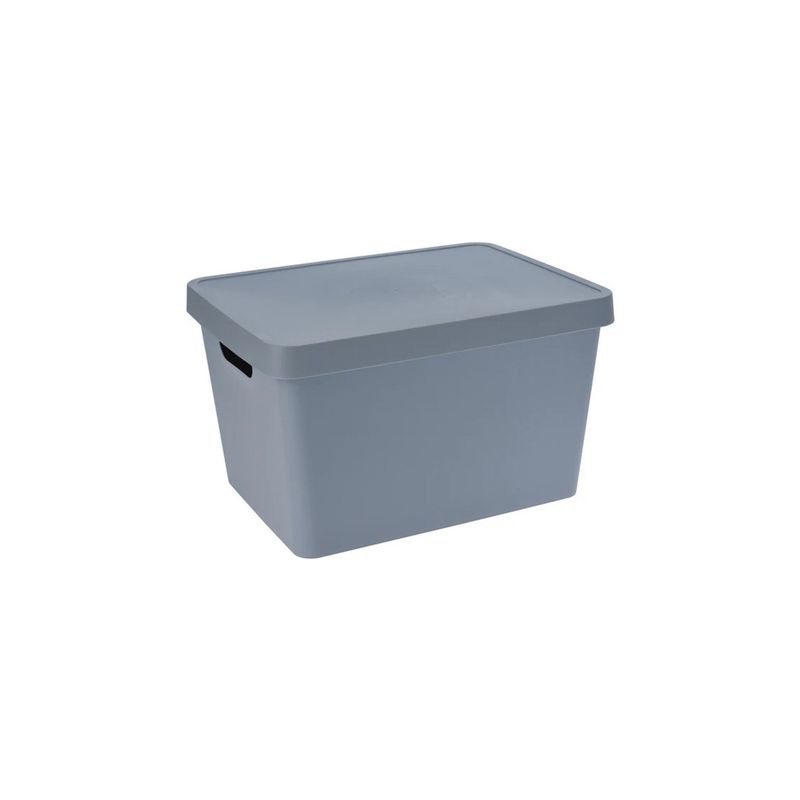 Caja para organización plástica Koopman, vista en ángulo del contenedor gris con tapa cerrada