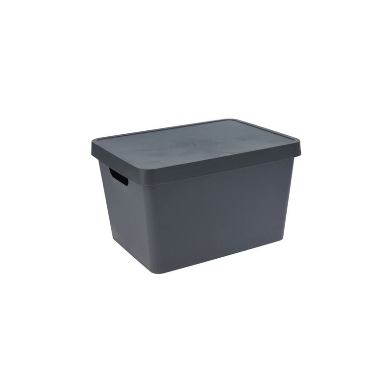 Caja para organización plástica Koopman, vista tridimensional del contenedor gris oscuro con tapa cerrada