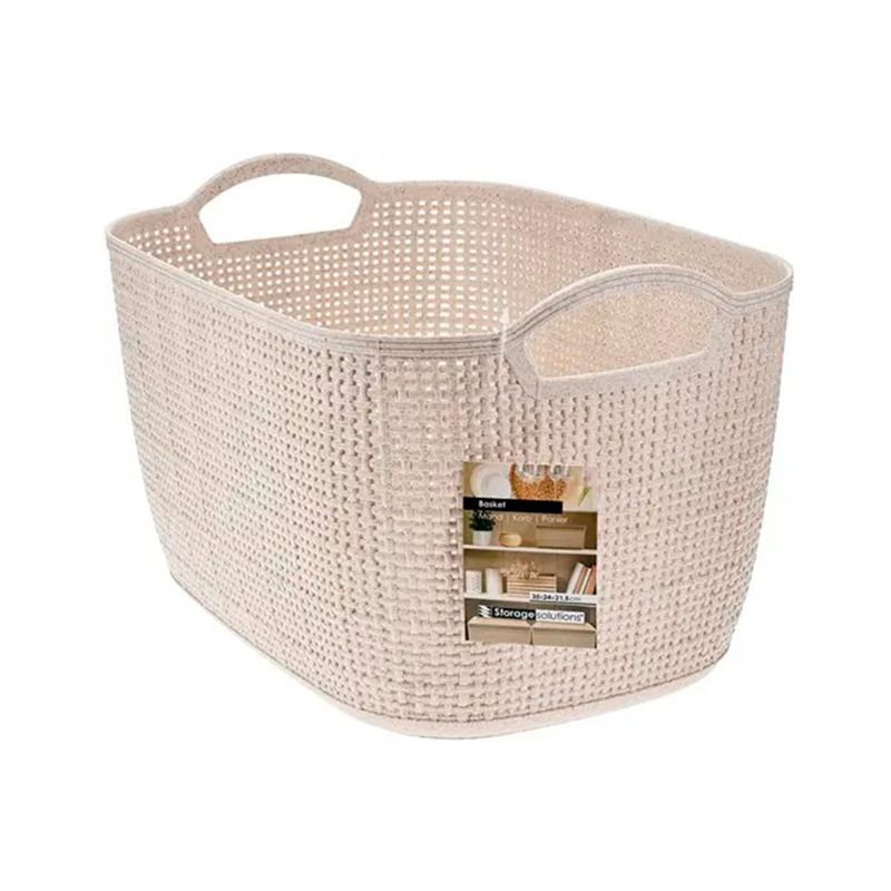 Cesto para organización 35x29x22 cm Koopman, tejido color crema con asas integradas y etiqueta frontal