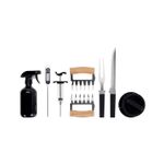 Set de utensilios para BBQ de 8 piezas Koopman, conjunto de herramientas negras y madera sobre fondo blanco
