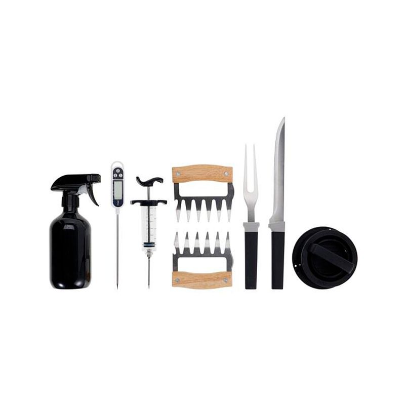 Set de utensilios para BBQ de 8 piezas Koopman, conjunto de herramientas negras y madera sobre fondo blanco