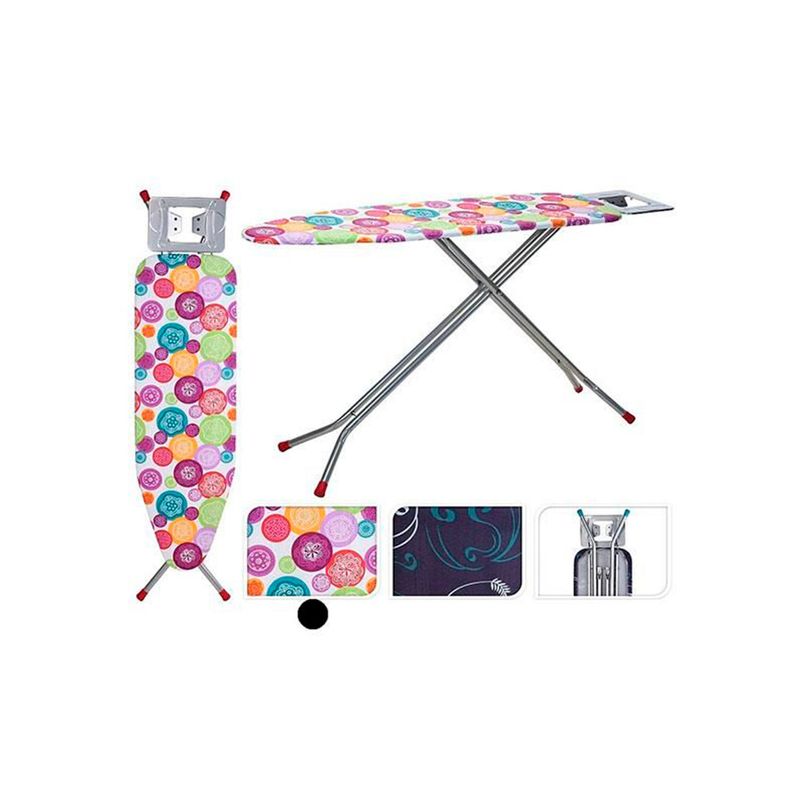 Planchador de piso 38 x 129 x 91 cm Koopman, vista general abierta con funda estampada multicolor y detalles laterales