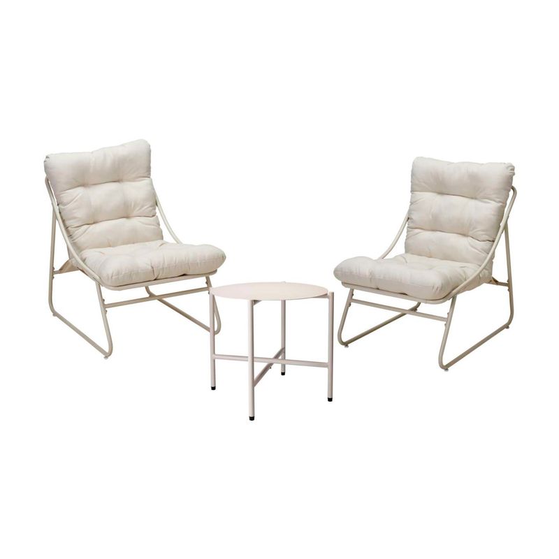 Set mueble para terraza de 3 piezas crema Koopman, dos sillas con cojines acolchados y una mesa circular pequeña