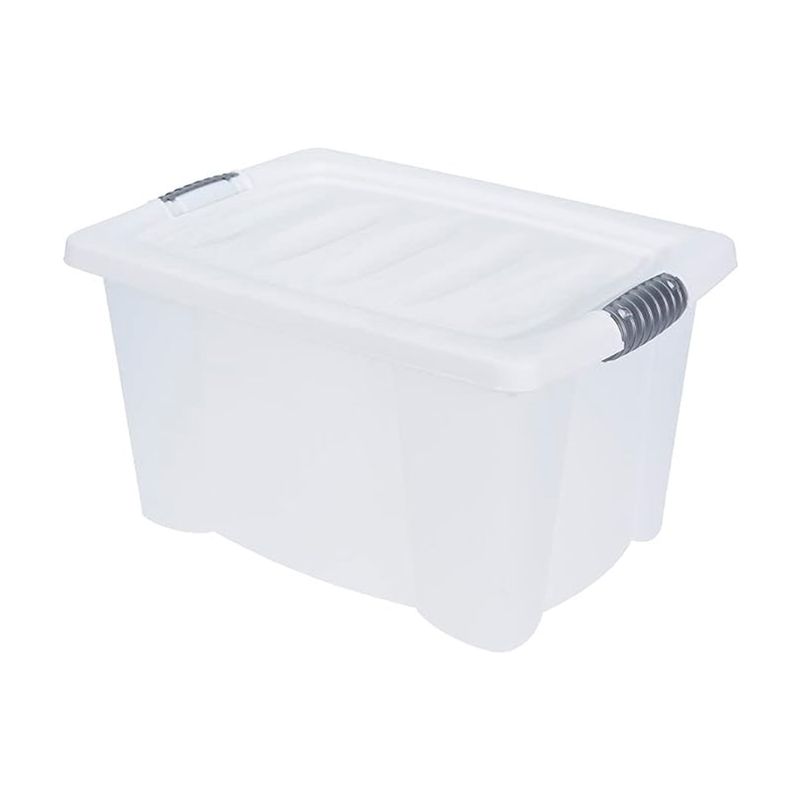 Caja para almacenamiento de 13 L Koopman, recipiente plástico blanco translúcido con tapa y cierres laterales grises