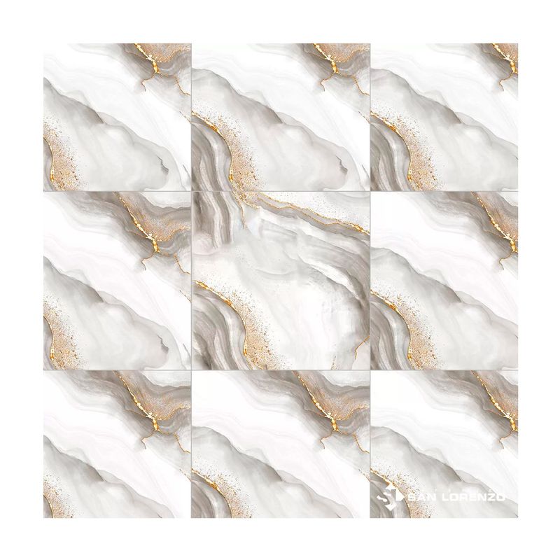 Baldosa 45x45 Hara Gold Mármol brillante San Lorenzo, composición de nueve piezas mostrando el patrón de vetas doradas