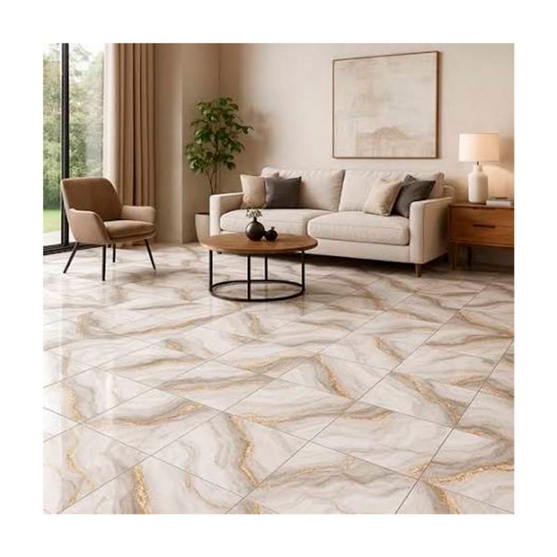 Baldosa 45x45 Hara Gold Mármol brillante San Lorenzo, instalada en piso de sala con muebles modernos