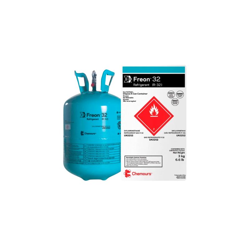 Refrigerante Freon R-32 de 3 kg / 6.6 lb Sinsa, cilindro color celeste junto a su empaque con advertencia de inflamable
