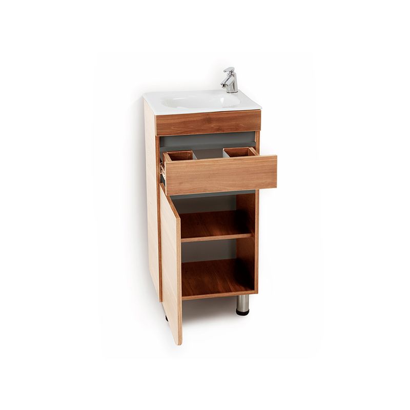 Mueble Aluvia 40 cm y lavamanos miel Corona, vista frontal con cajón abierto y repisas internas
