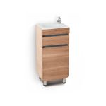 Mueble Aluvia 40 cm más lavamanos miel Corona, vista frontal del mueble con lavamanos blanco y grifería cromada