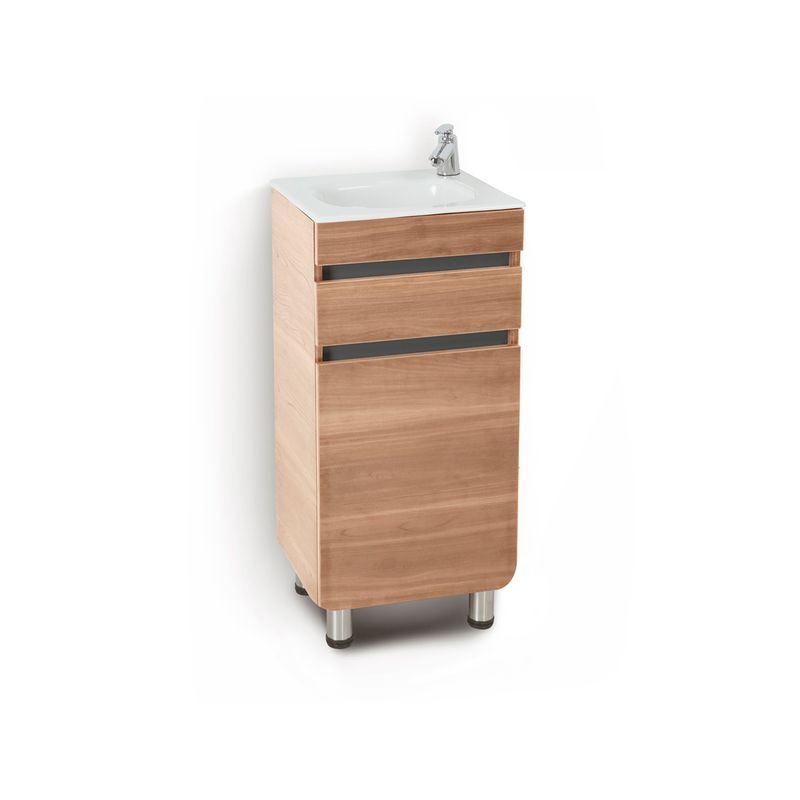 Mueble Aluvia 40 cm más lavamanos miel Corona, vista frontal del mueble con lavamanos blanco y grifería cromada