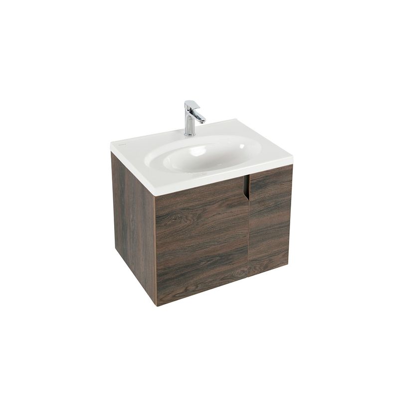 Mueble Elipse Vital 60 cm + lavamano Elipse blanco Corona, vista diagonal del mueble café con lavamanos y grifería