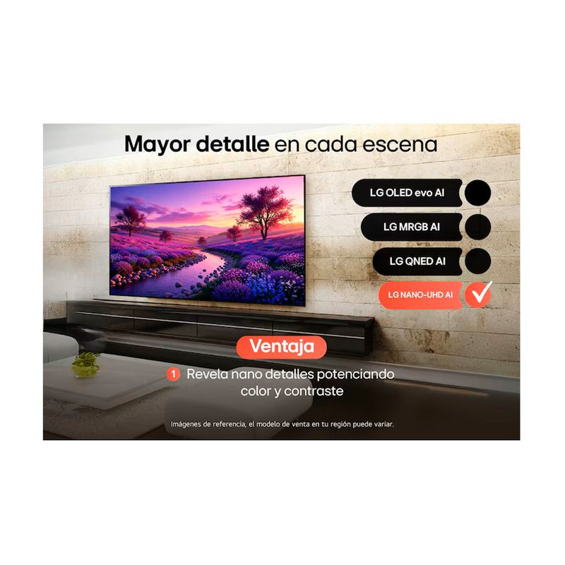 TV LED LG 85 UHD 4K AI, gráfico comparativo de tecnologías de pantalla con el modelo resaltado en color rojo