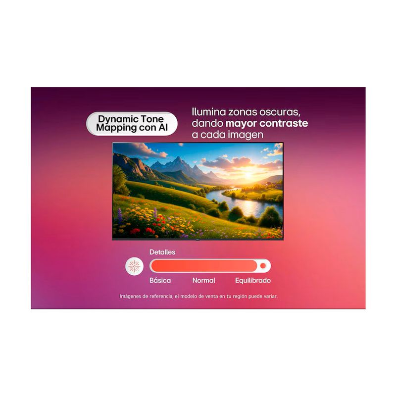TV LED LG 85 UHD 4K AI, gráfico informativo sobre contraste y brillo con paisaje natural en pantalla