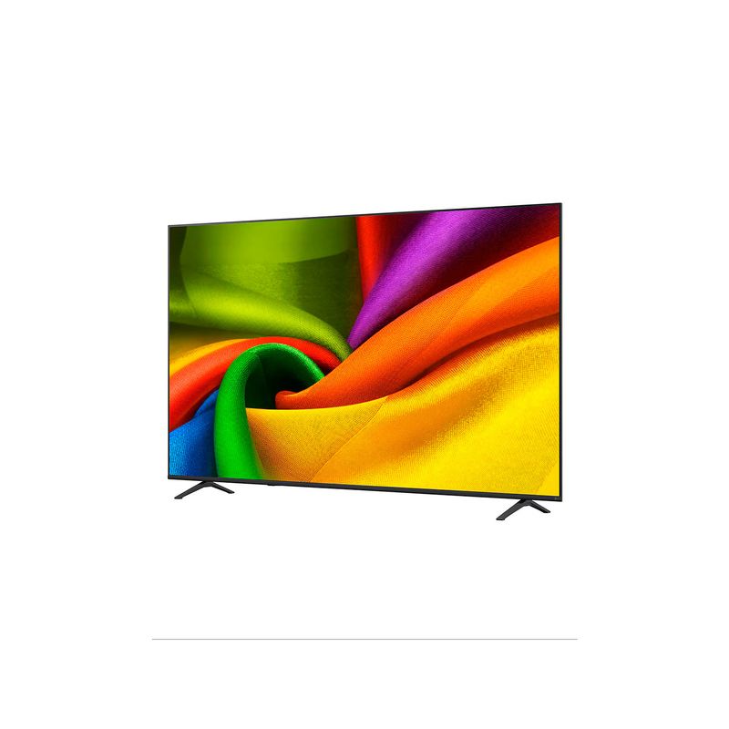 TV LED LG 85 UHD 4K AI, vista frontal del televisor encendido con imagen colorida y patas de soporte negras