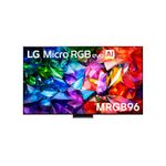 TV Smart Micro RGB Evo LG de 100 pulgadas, vista frontal encendida mostrando imagen colorida y logotipo del equipo