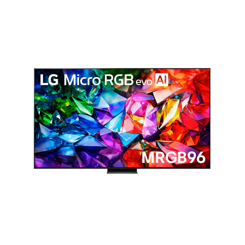 TV Smart Micro RGB Evo LG de 100 pulgadas, vista frontal encendida mostrando imagen colorida y logotipo del equipo