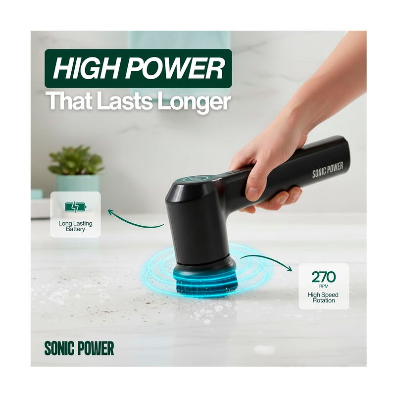 Cepillo para bañeras y azulejos recargable 2x6 pulgadas Sonic Power, siendo utilizado para limpiar una superficie blanca