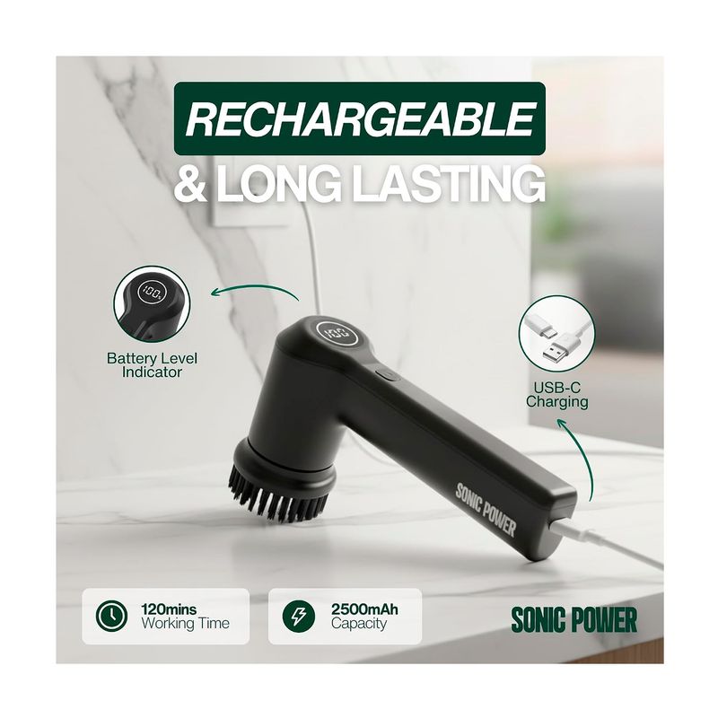 Cepillo para bañeras y azulejos recargable 2x6 pulgadas Sonic Power, infografía con detalles de carga y batería