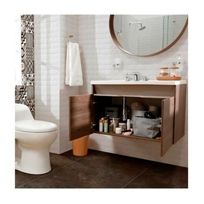 Mueble Pontus Vital 60 cm y lavamanos Pontus blanco Corona, vista frontal con puertas abiertas y artículos de aseo
