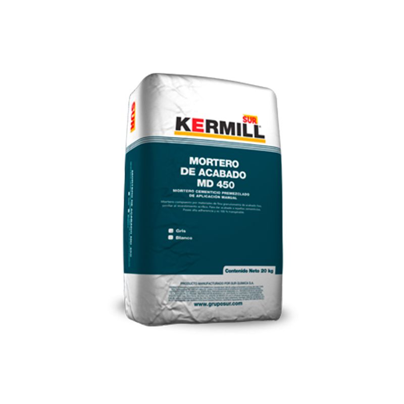 Mortero de acabado blanco MD-450 SUR, saco cerrado con diseño en blanco y azul y logo de Kermill