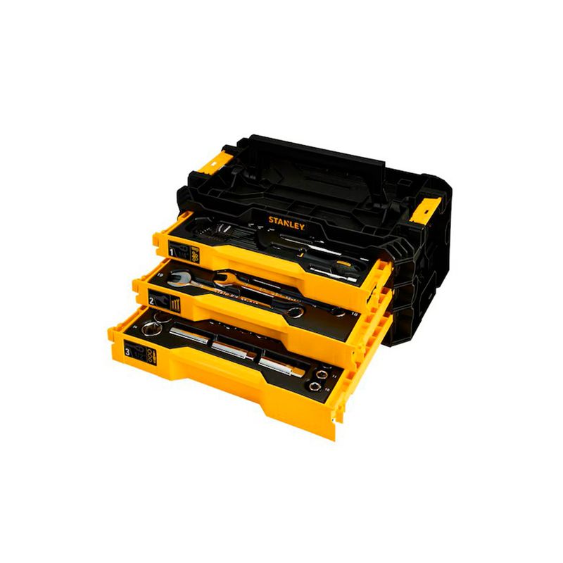 Juego de herramientas mecánicas Stanley de 126 piezas, maletín amarillo y negro abierto mostrando bandejas con llaves y dados