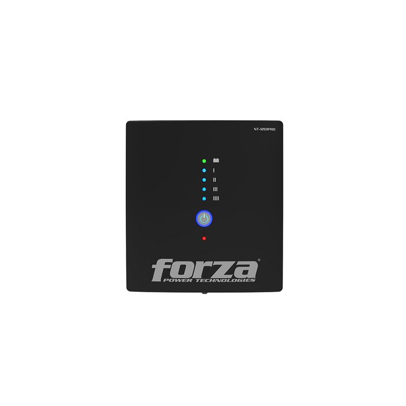 UPS/Batería 1200 VA/600 W 120 V NEMA-5-15P 8 salida + RJ45 Forza, vista frontal del panel con botón de encendido azul