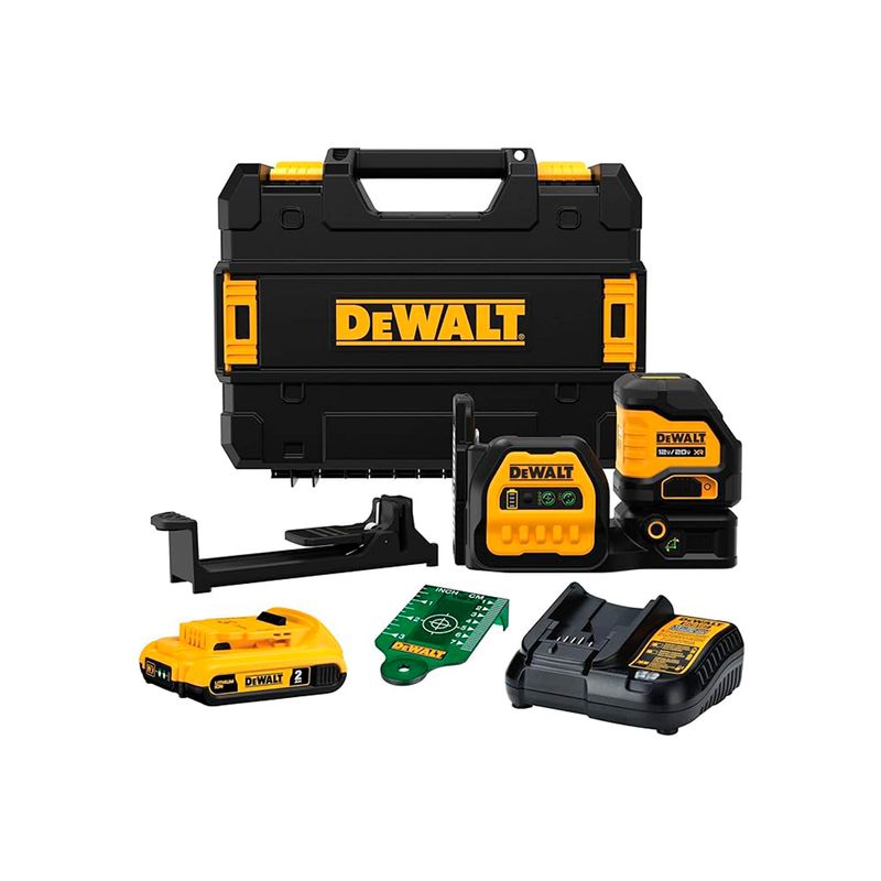 Kit nivel láser inalámbrico de líneas cruzadas 20V DeWALT, con maletín negro y amarillo, batería, cargador y accesorios