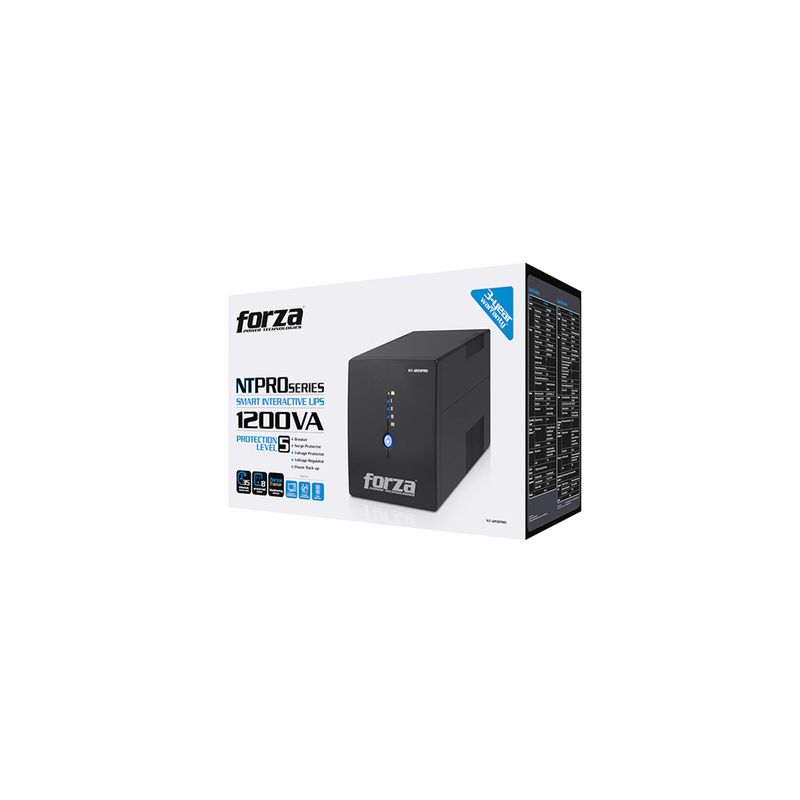 UPS/Batería 1200VA/600W 120V Nema-5-15P 8 salida + RJ45 Forza, vista lateral de la caja con tabla de especificaciones