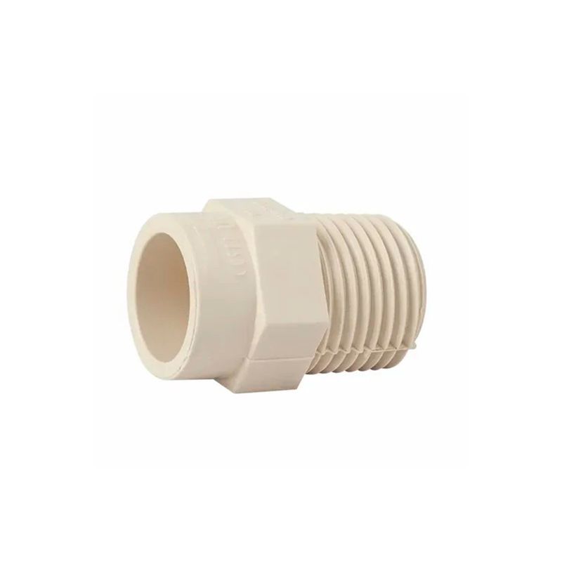 Adaptador macho CPVC de 3/4 pulgadas Durman, vista frontal del accesorio de color crema con rosca externa