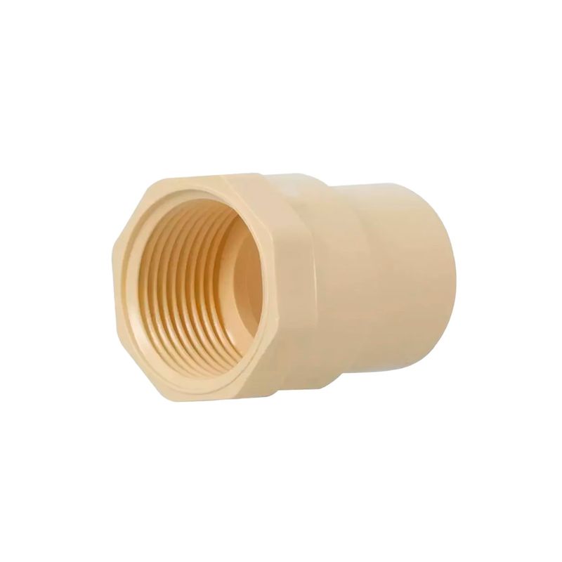 Adaptador hembra CPVC de 3/4 pulgadas Durman, vista frontal del acople roscado en color beige