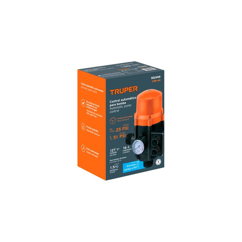 Control automático de presión de bombas para agua 90 pulgadas Truper, en su caja con ilustración del equipo