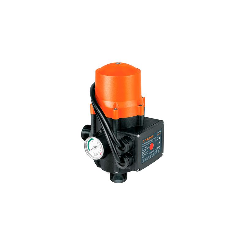 Control automático de presión de bombas para agua de 90 pulgadas Truper, cuerpo negro con motor naranja y manómetro blanco